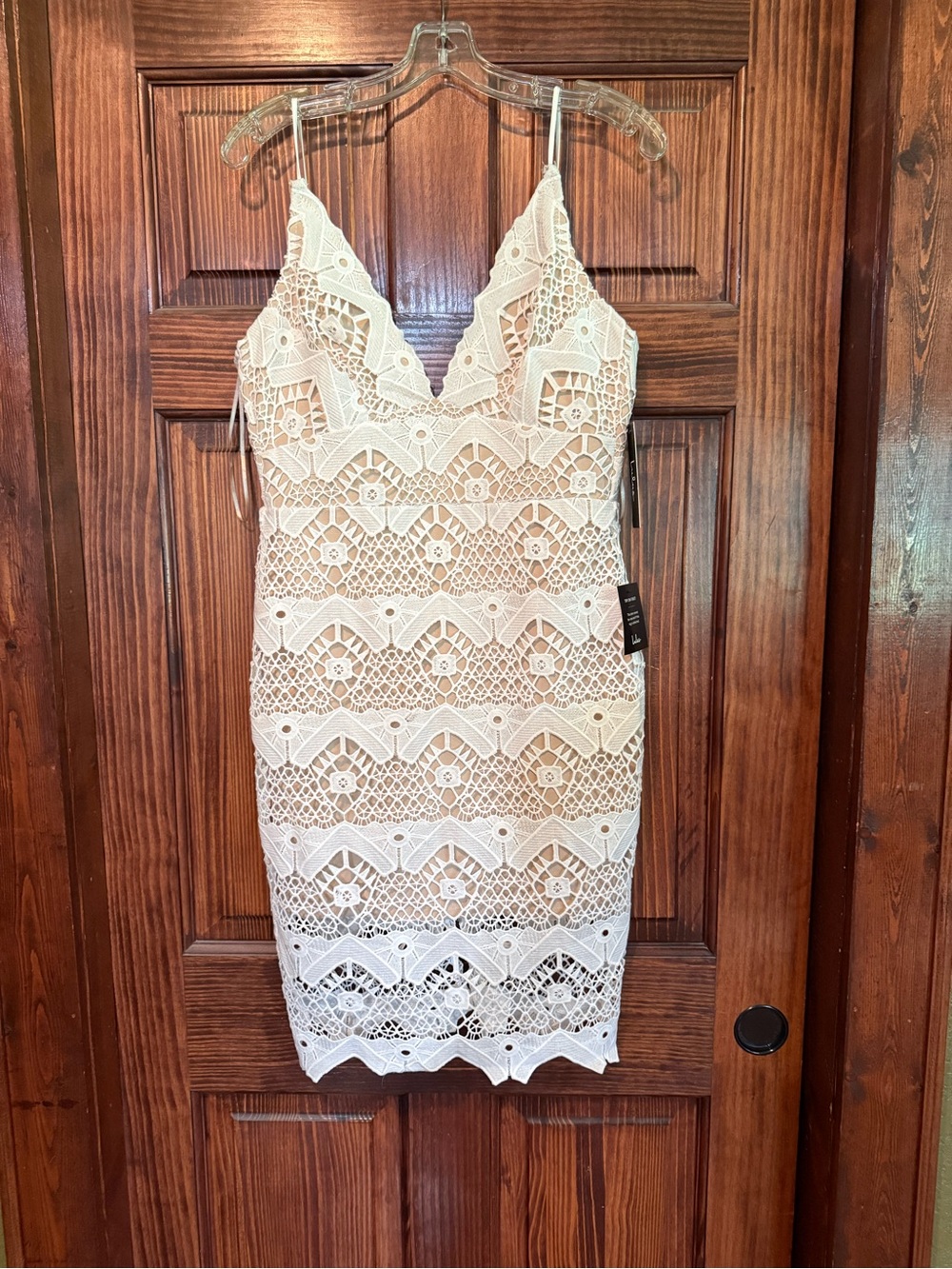 Lulu's Cream Lace V-Neck Spaghetti Strap Bodycon Dress